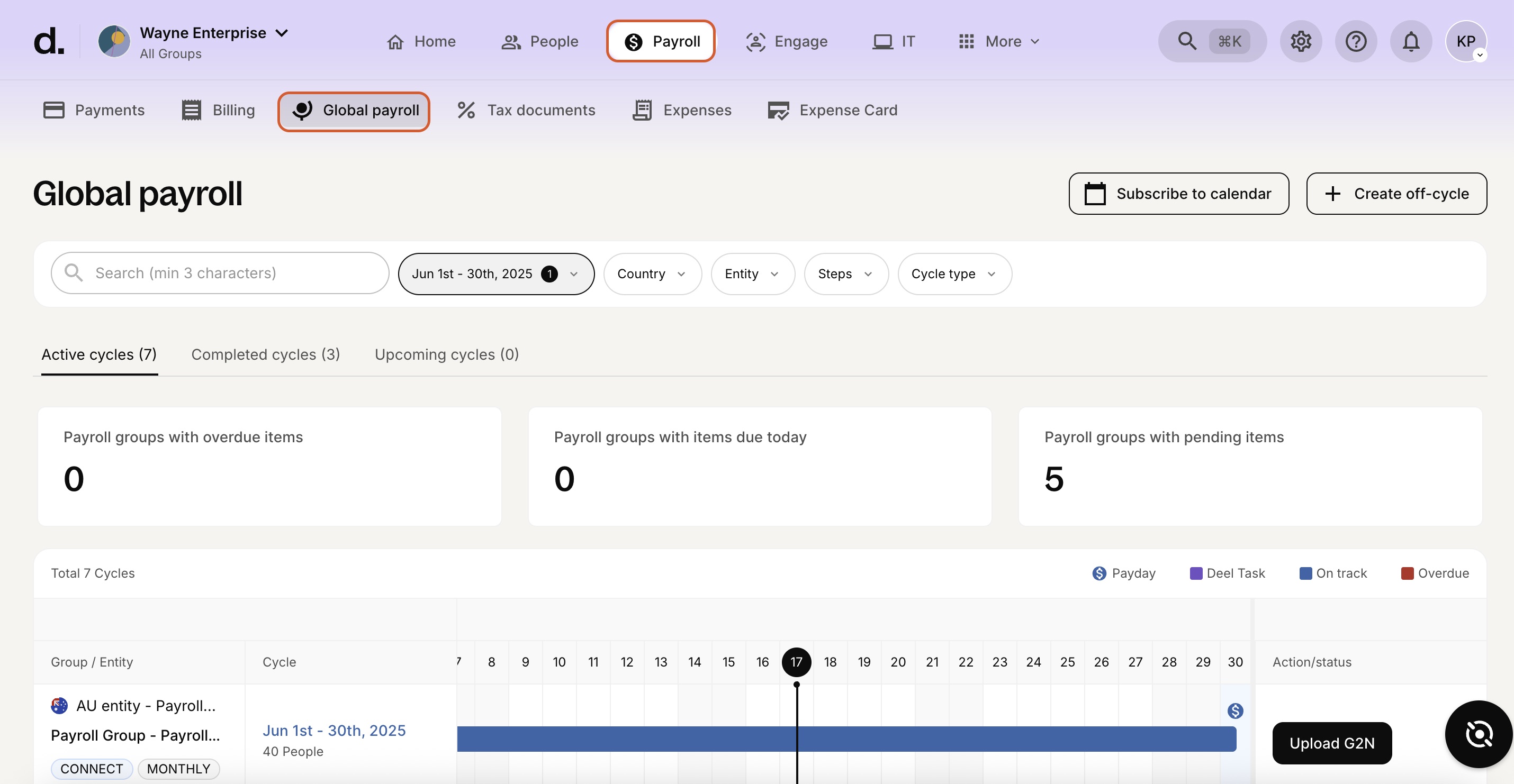 Deel global payroll cycle dashboard