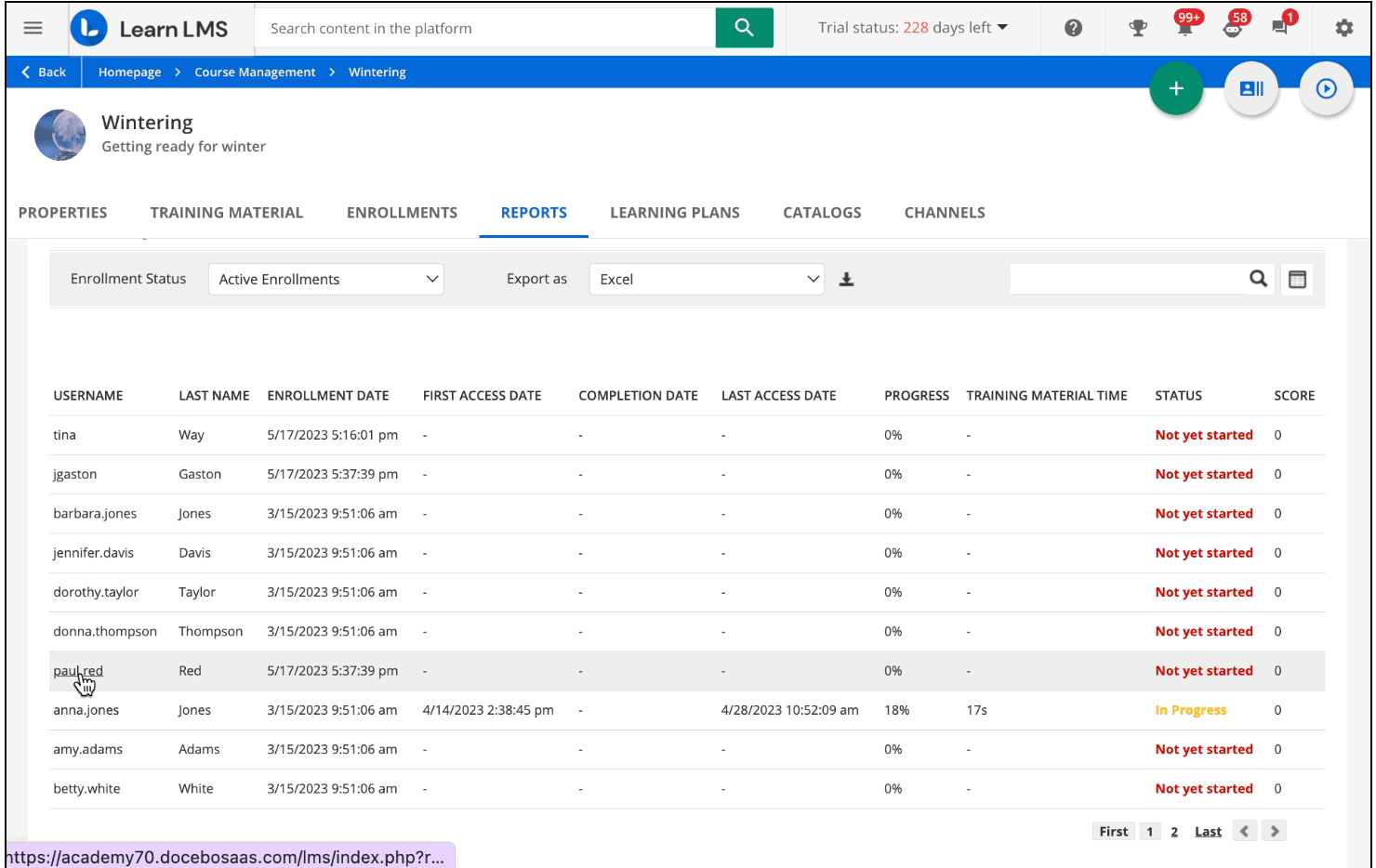 Docebo Learn LMS course enrollment report