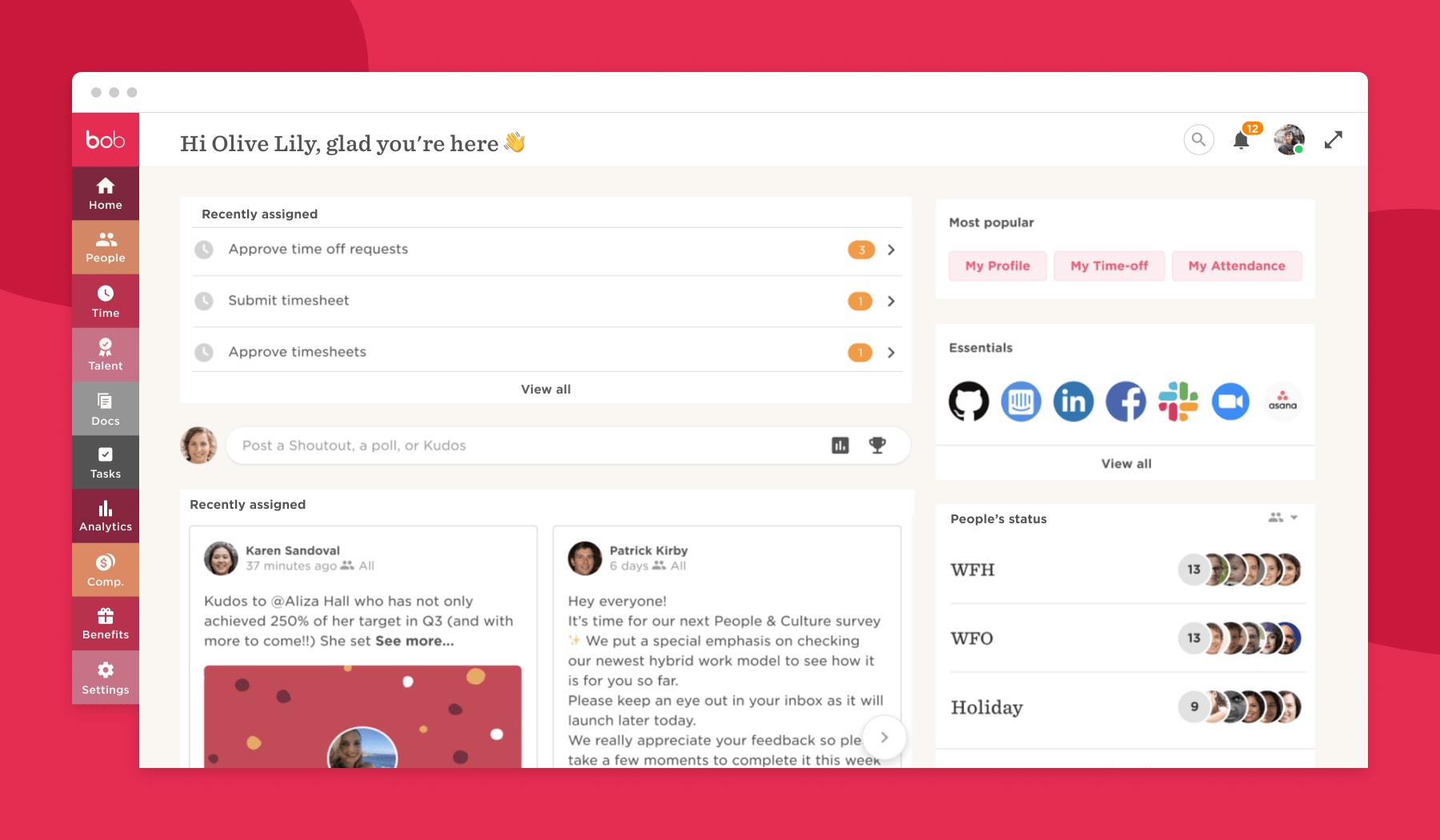 HiBob home dashboard with recently assigned tasks