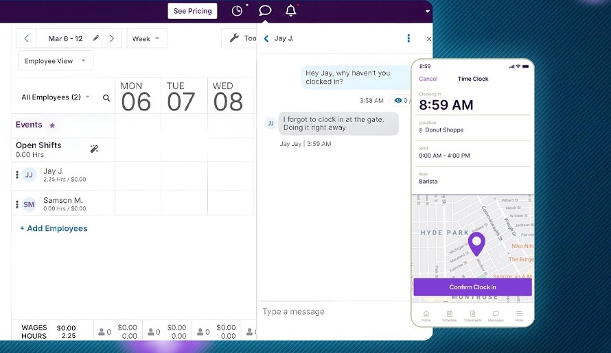 Homebase weekly scheduling calendar with team chat and mobile time clock