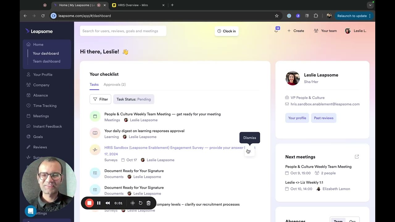 Leapsome dashboard with checklist and upcoming meetings
