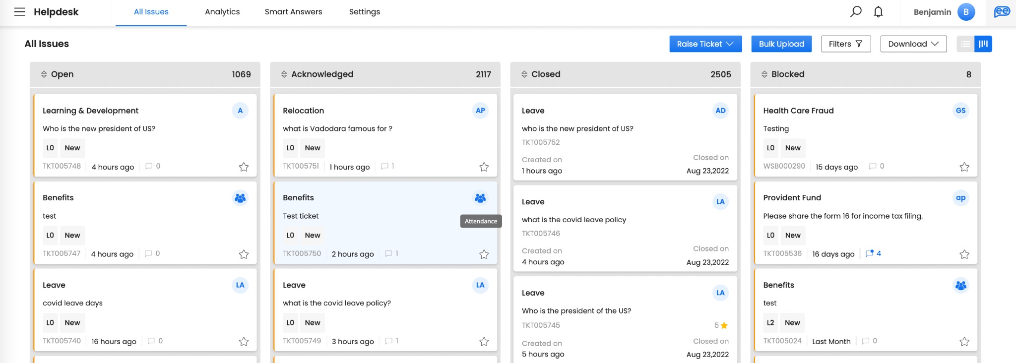 Leena AI helpdesk Kanban board of employee HR tickets