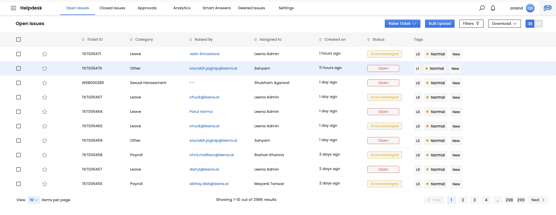 Leena AI helpdesk open issues list view