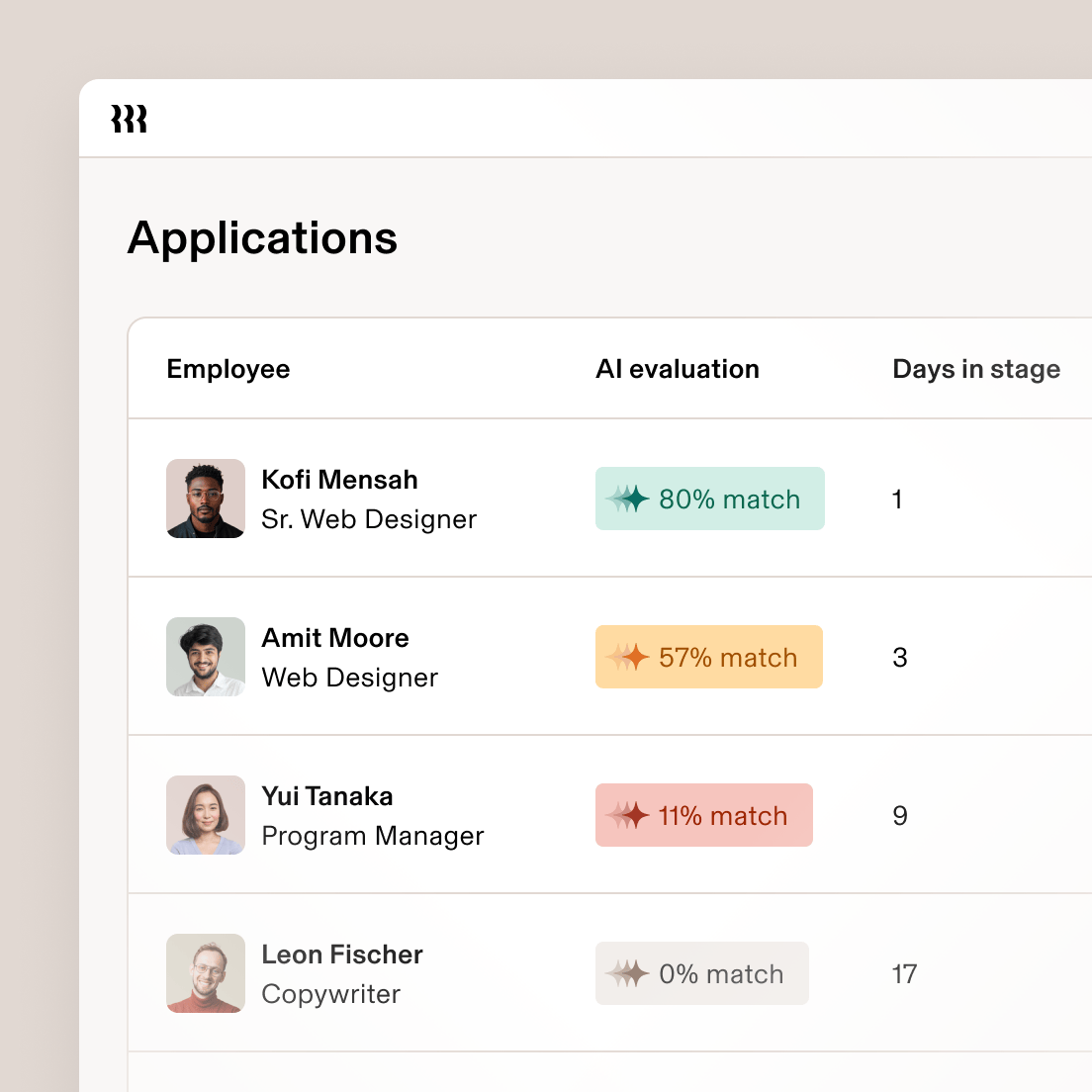 Rippling applications table with AI candidate evaluation