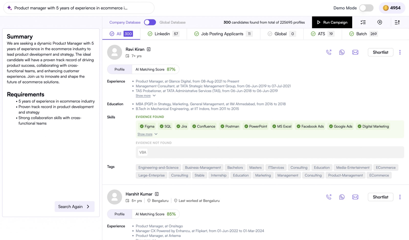 Skima AI candidate search results with AI match scoring