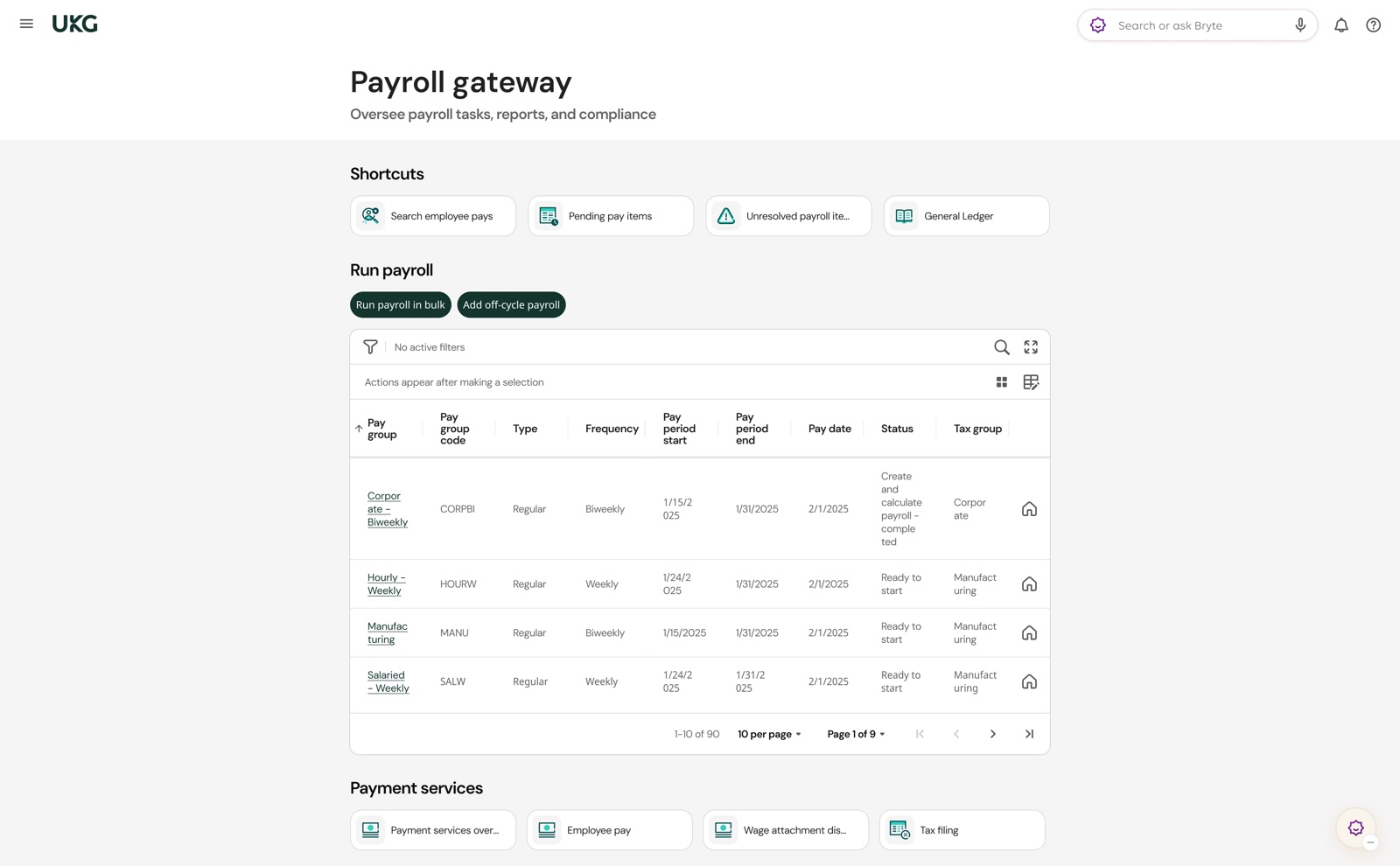UKG Pro payroll gateway with pay group table