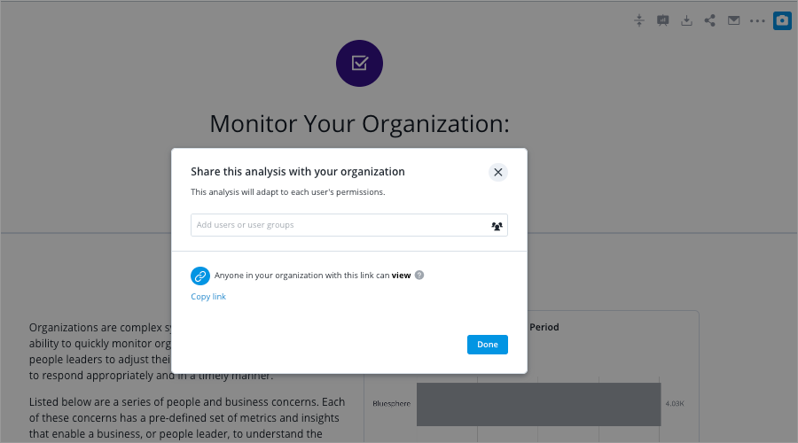 Visier organization analysis with share dialog open
