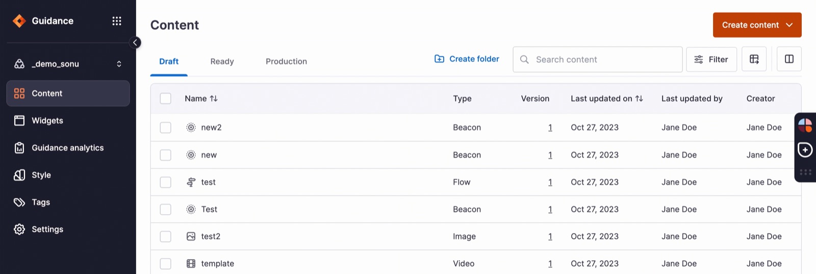 Whatfix Guidance dashboard content list