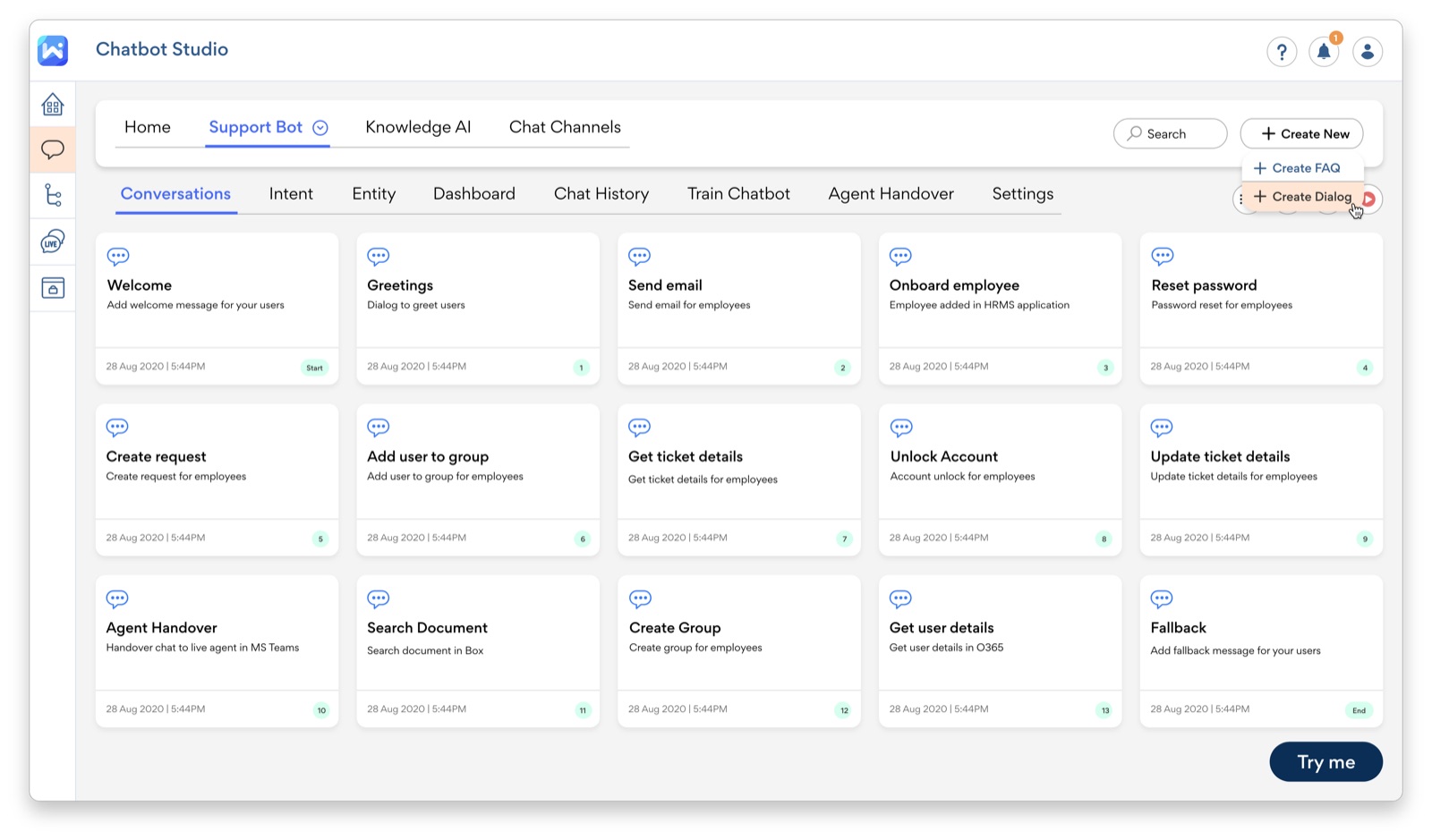 Workativ Chatbot Studio showing conversation dialogs