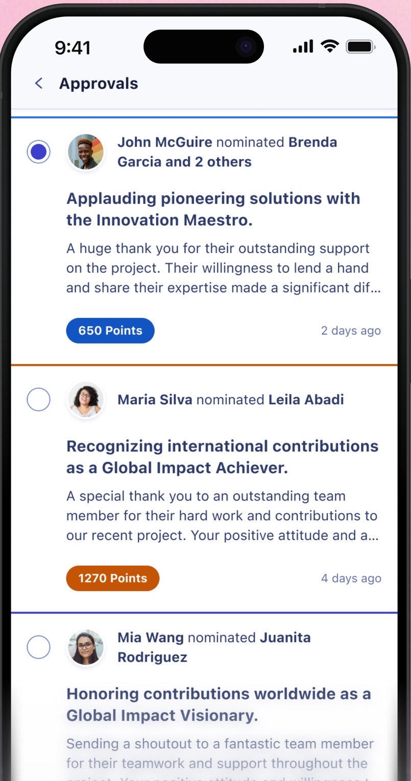 Workhuman recognition nomination approvals feed
