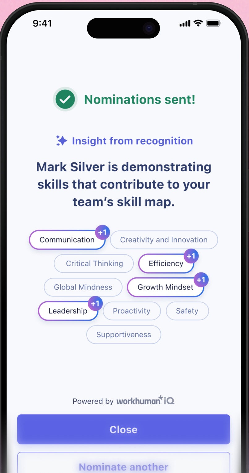 Workhuman iQ skill insight after sending a nomination